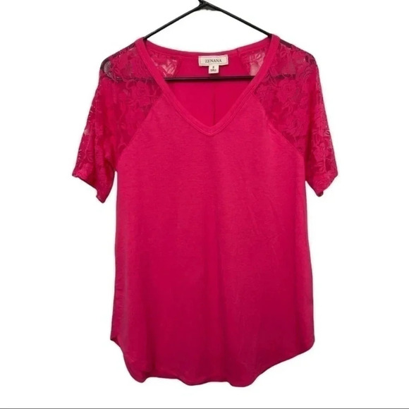 1 LEFT! Hot Pink Lace Sleeve V Neck Top - Picture 2 of 4